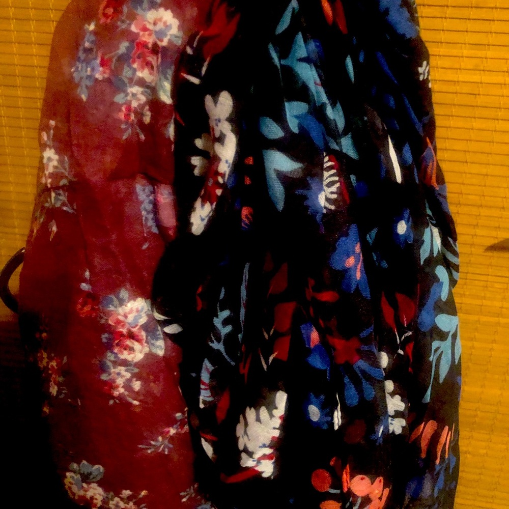 2 brand new infinity scarves one burgundy floral and one navy blue floral